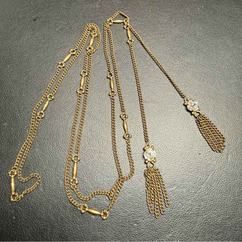 RARE Sorrelli Antique Brass Tone Art Deco Style Sautoir Tassel Crystal Necklace